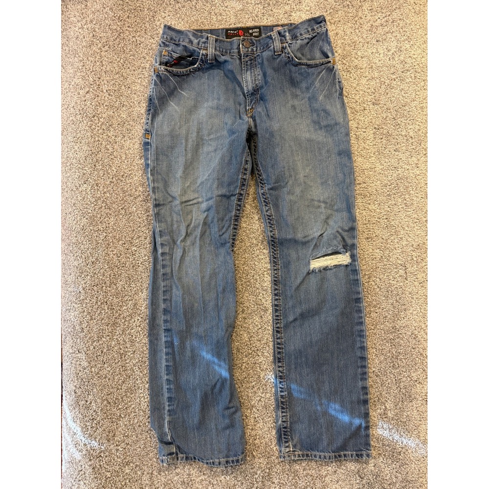 Ariat Jeans Mens 36 Blue FR M4 Relaxed Boot Flame Resistant Workwear Distressed*